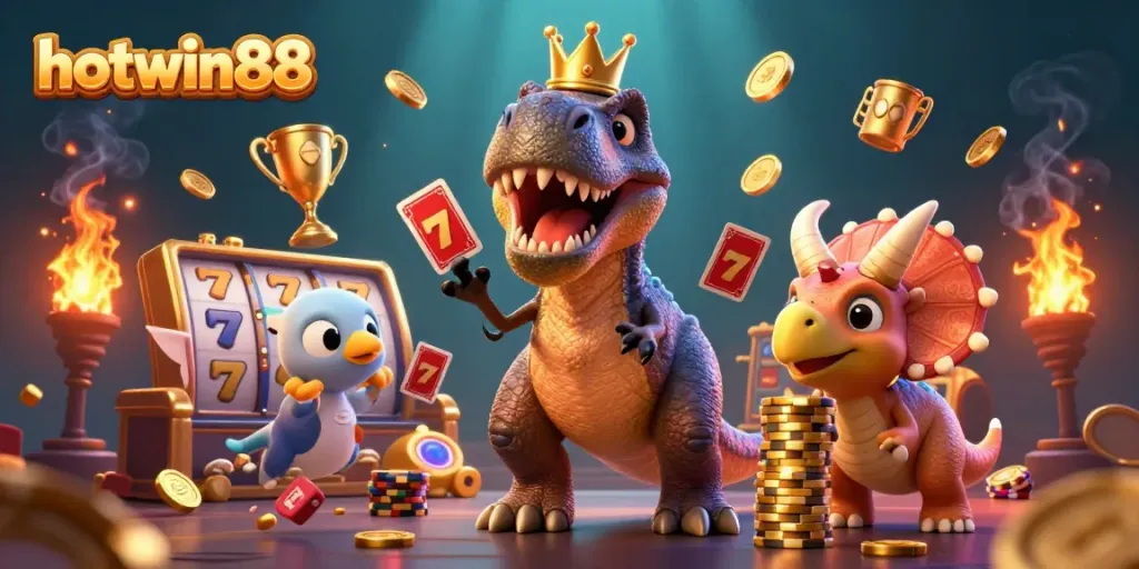 Engage in dynamic gameplay at hotwin88 with a colorful T-Rex and baby triceratops amidst slot game excitement.
