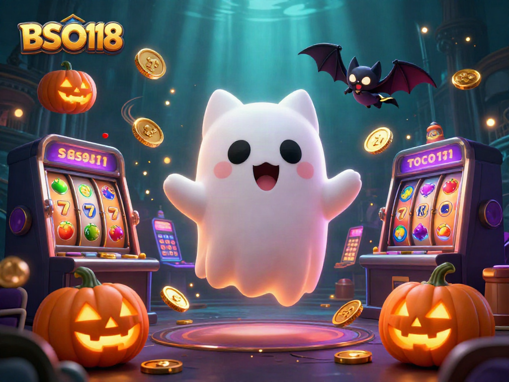 Enhance your gameplay with BSO118 at a haunted casino, featuring a ghost cat and dynamic slots elements.