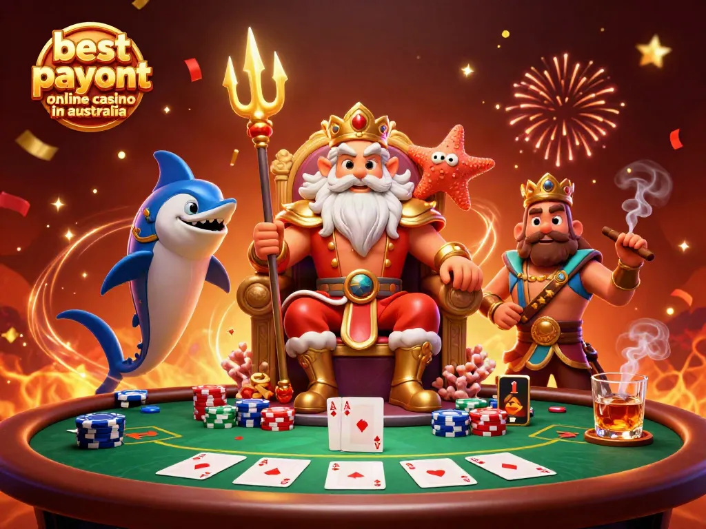 Experience the excitement at the best payout online casino in Australia with cartoon Neptune and poker setup