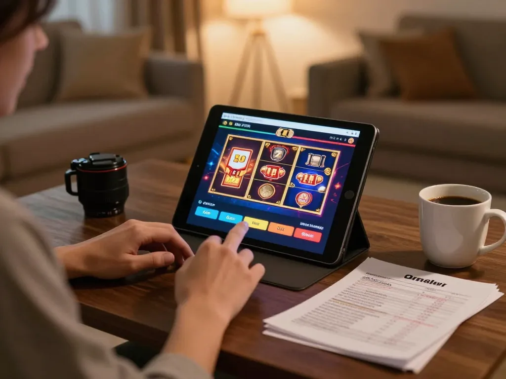 Engaging scene of online gaming with Bonus garansi kekalahan 100% on tablet screen, showcasing strategic gambling.