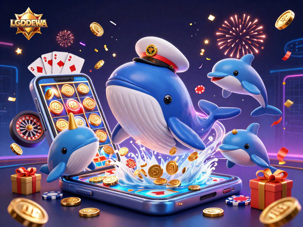 Experience thrilling fun with LGODEWA as a cartoon whale breaches through coins surrounded by casino games.