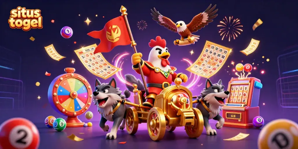 Gambarlah suasana permainan situs togel dengan karakter 3D menarik dan elemen kemenangan yang berwarna-warni.