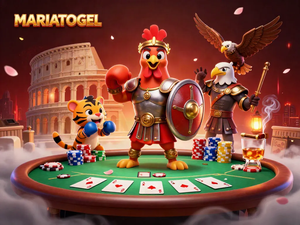 Engage in thrilling action with MARIATOGEL featuring festive poker elements and vibrant characters in a dynamic scene.