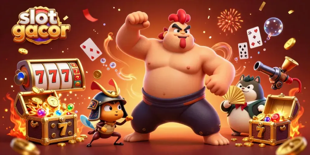 Slot gacor menyajikan ilustrasi kasual dengan petarung kartun unik dalam suasana kasino yang penuh warna.