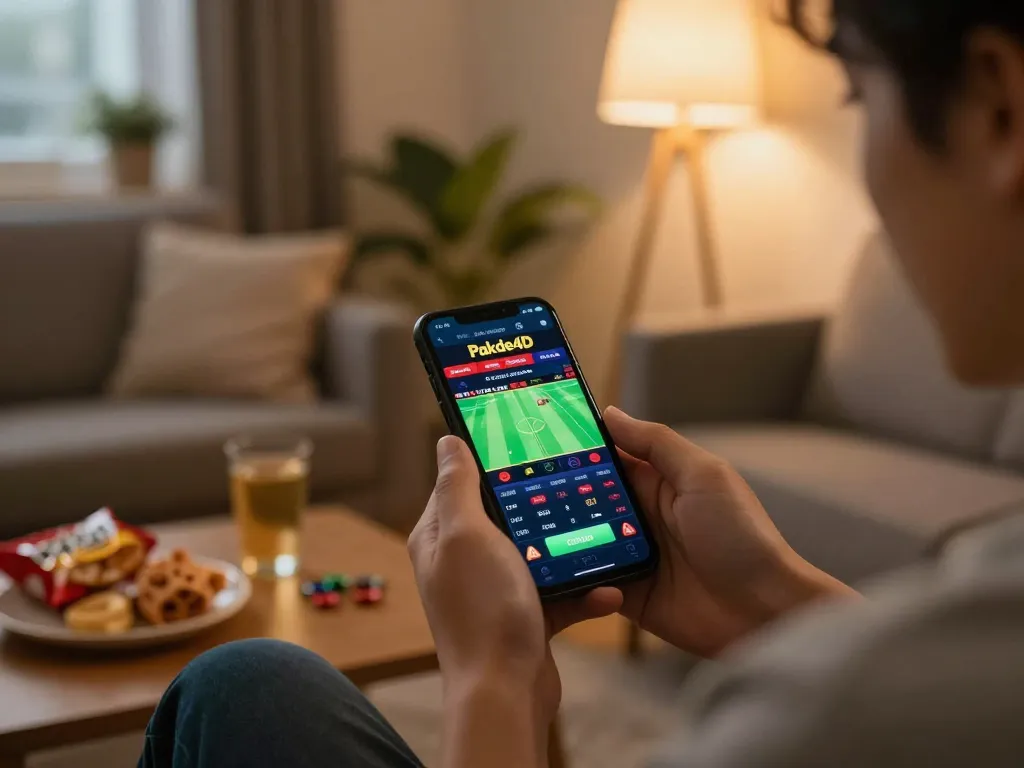 Player enjoying the Pakde4D online gambling experience on a smartphone in a cozy home setting.