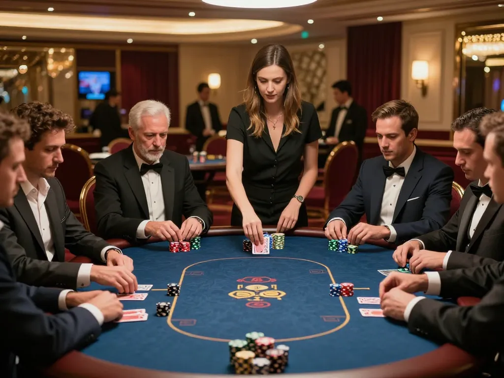 MPOID high-stakes poker room scene with elite players at a rounded table, highlights competitive betting atmosphere.