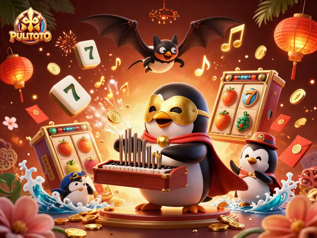PULITOTO invites excitement with a penguin organist and gold coins in a festive casino atmosphere.