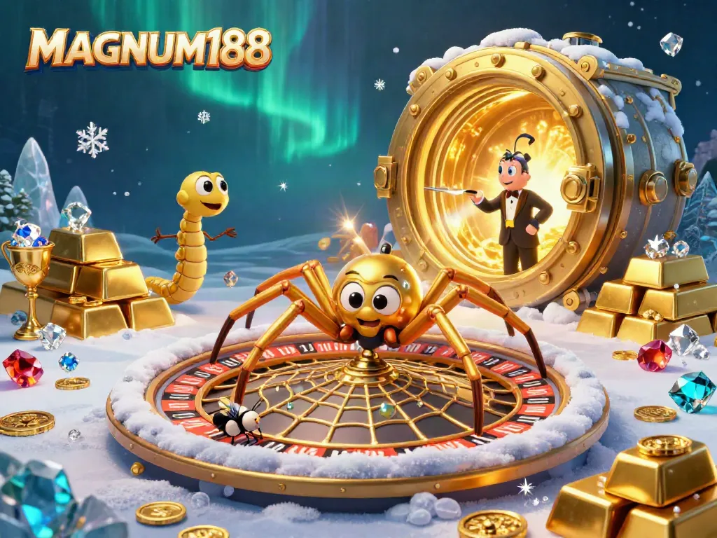 Experience thrills with MAGNUM188 in this vibrant casino scene featuring a roulette wheel and golden treasures.