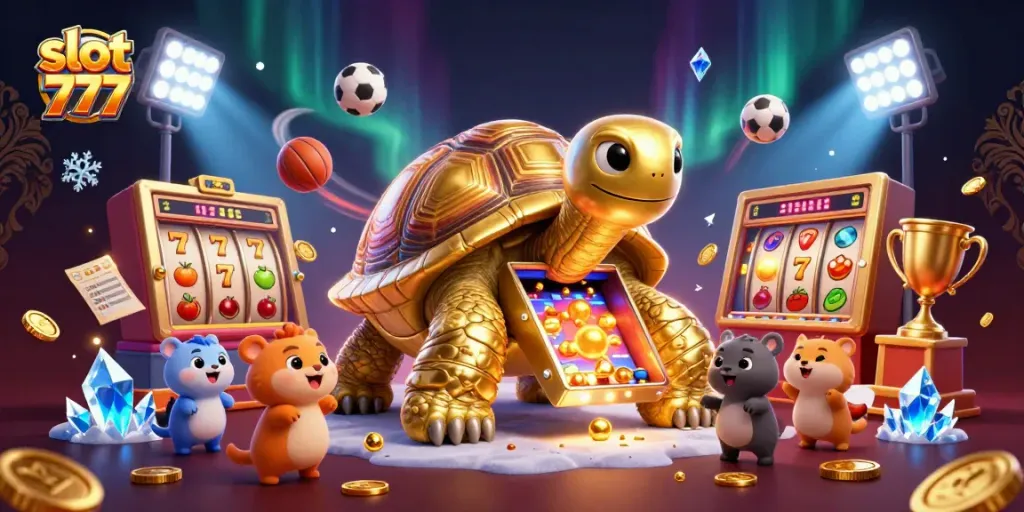 Permainan slot 777 dengan karakter kura-kura emas bermain mesin pinball dan bola emas bergetar.
