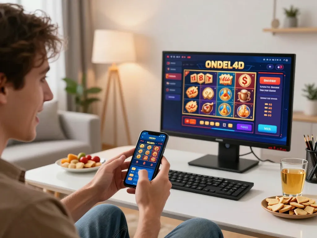 Pemain menikmati aplikasi mobile ONDEL4D untuk permainan slot secara real-time dari rumah, menampilkan antarmuka yang cerah.