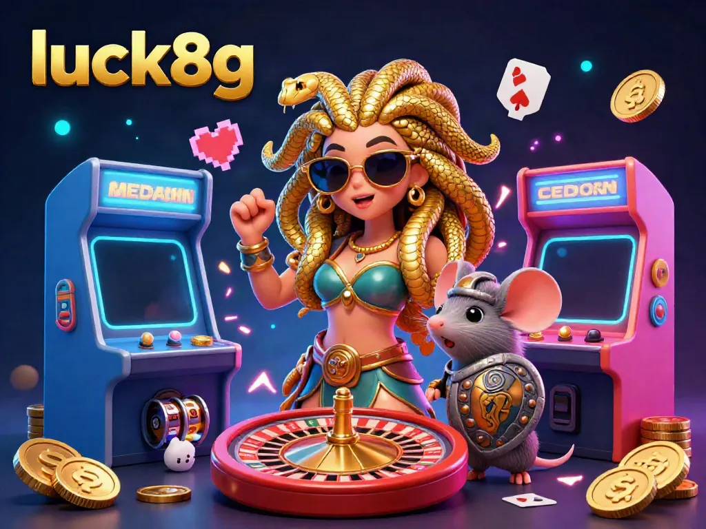 Join the thrilling world of luck8g with Medusa and a stone warrior amidst dazzling casino elements in this vibrant illustration.