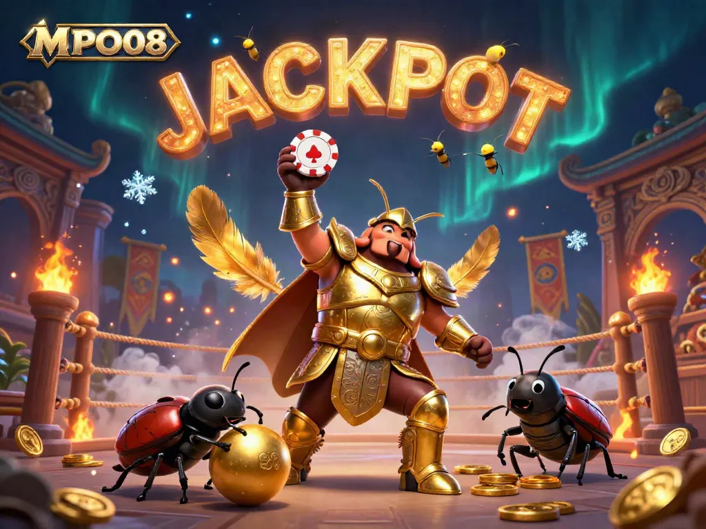 MPO08 embodies victory with vibrant casino elements in a 3D illustration, igniting the jackpot thrill.