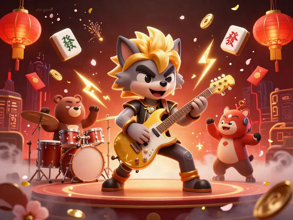 Engage in thrilling gameplay at slot gacor with a dazzling cartoon scene featuring a rock star wolf and a bear drummer.