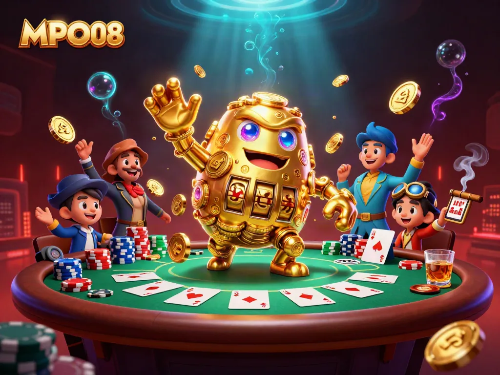 MPO08 golem animated with slot symbols spinning, surrounded by poker elements, showcasing vibrant gambling energy.