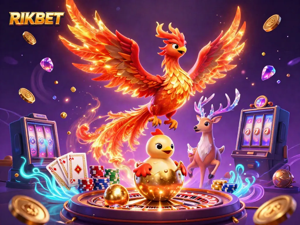 Win big with RIKBET in this vibrant, energetic casino scene featuring phoenix characters and dazzling gameplay elements.