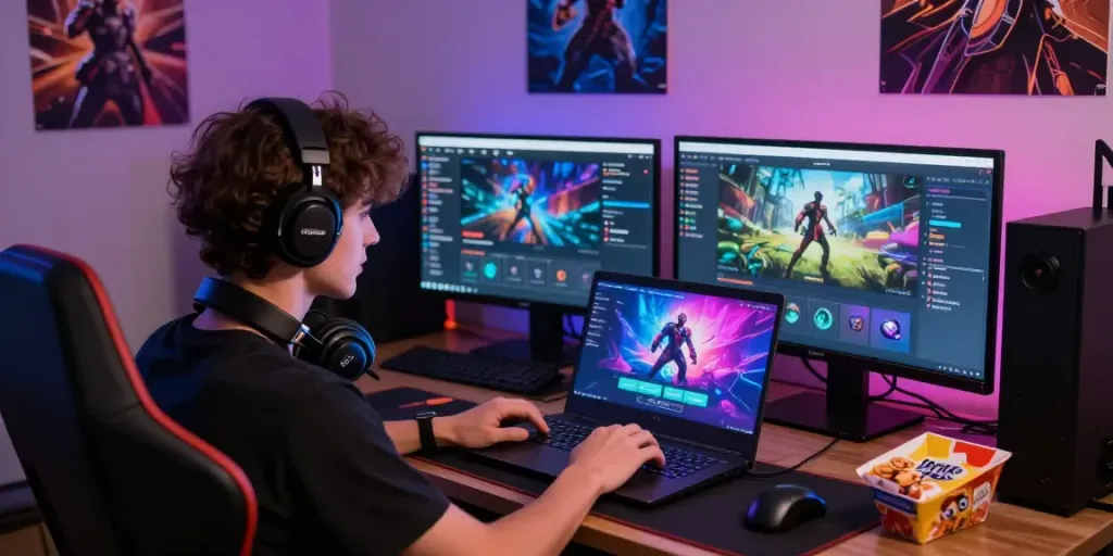 Proses natunatoto login dengan laptop gamer dan suasana ceria di ruang permainan