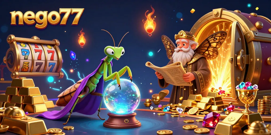 Nego77 enchants players with a lively 3D casino scene of a fortune teller and wise moth, amidst scatterings of jackpots and treasures.