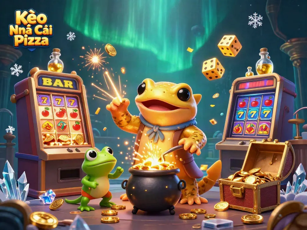 Engage with Kèo Nhà Cái Pizza through a vibrant 3D casino illustration featuring gold coins and dynamic gaming elements.