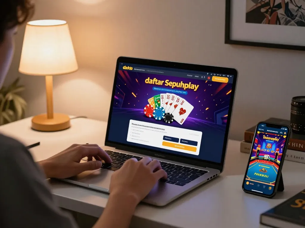User engaging in online gaming through daftar Sepuhplay, showcasing vibrant casino interface with chips and cards visible.