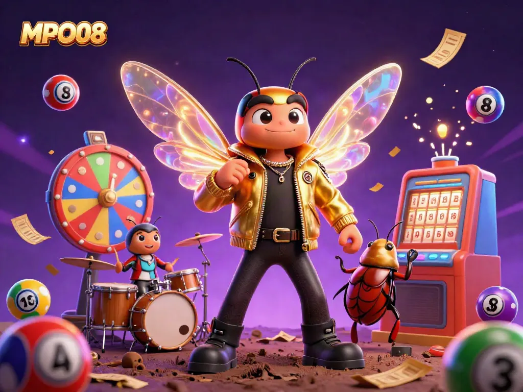 MPO08 enhances gameplay with exciting lottery balls and prizes in a vibrant casino-themed scene.