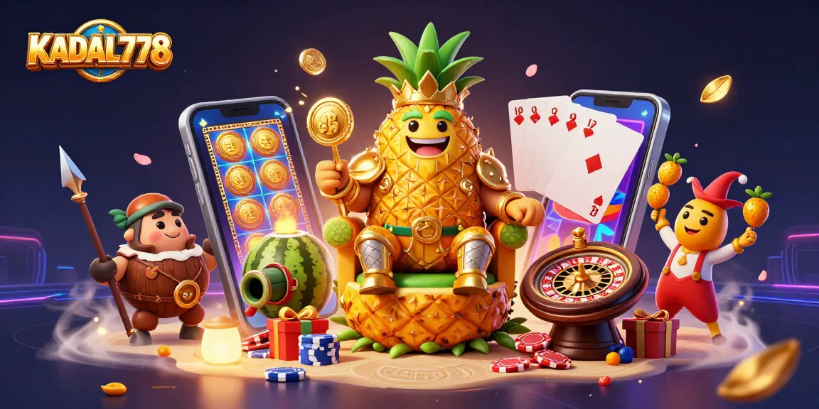 KADAL778 enhances your gaming experience with a vibrant casino scene featuring a golden pineapple king.