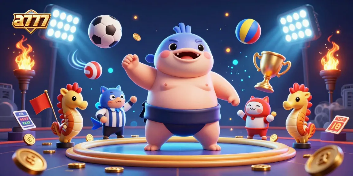 A7777 features lively underwater casino action with a blowfish sumo, catfish referee, and seahorses.
