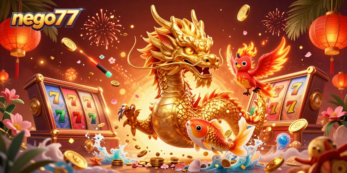 Experience the excitement of nego77 slots with a fierce dragon and phoenix in a vibrant casino setting.
