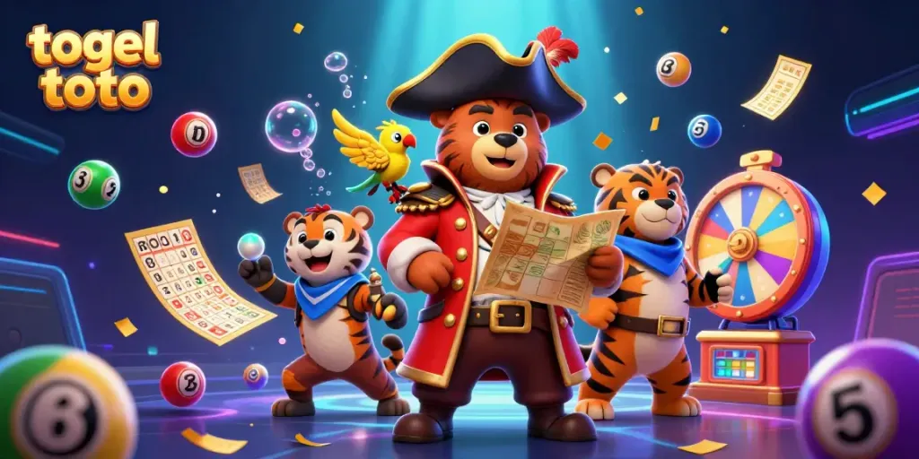Gambarkan togel toto dengan karakter beruang kapten bajak laut dan bola lotere berwarna-warni bertebaran.