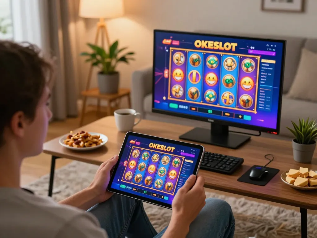 Berinteraksi dengan permainan slot OKESLOT di tablet dalam suasana rumah yang nyaman