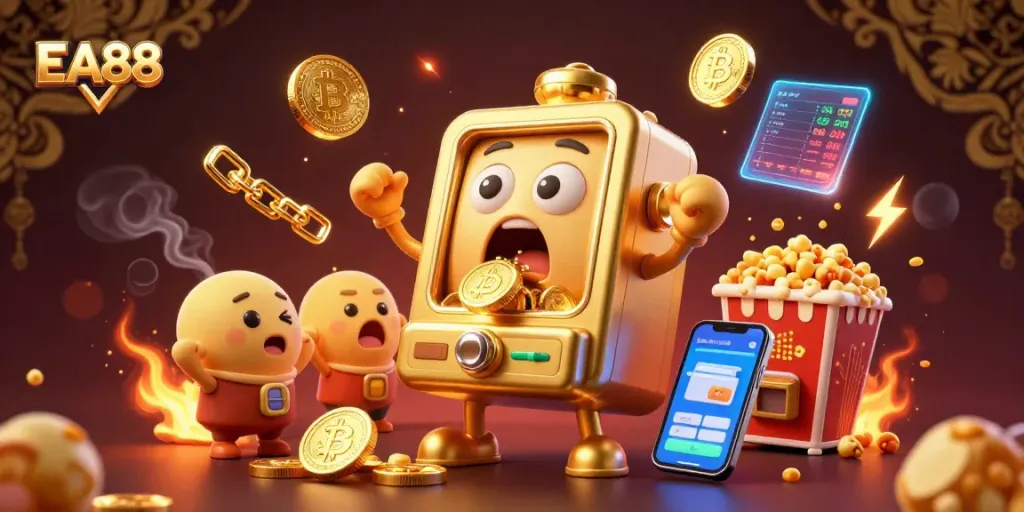 EA88 slot machine hits jackpot, coins pouring out, with cheering baby slots and crypto elements.