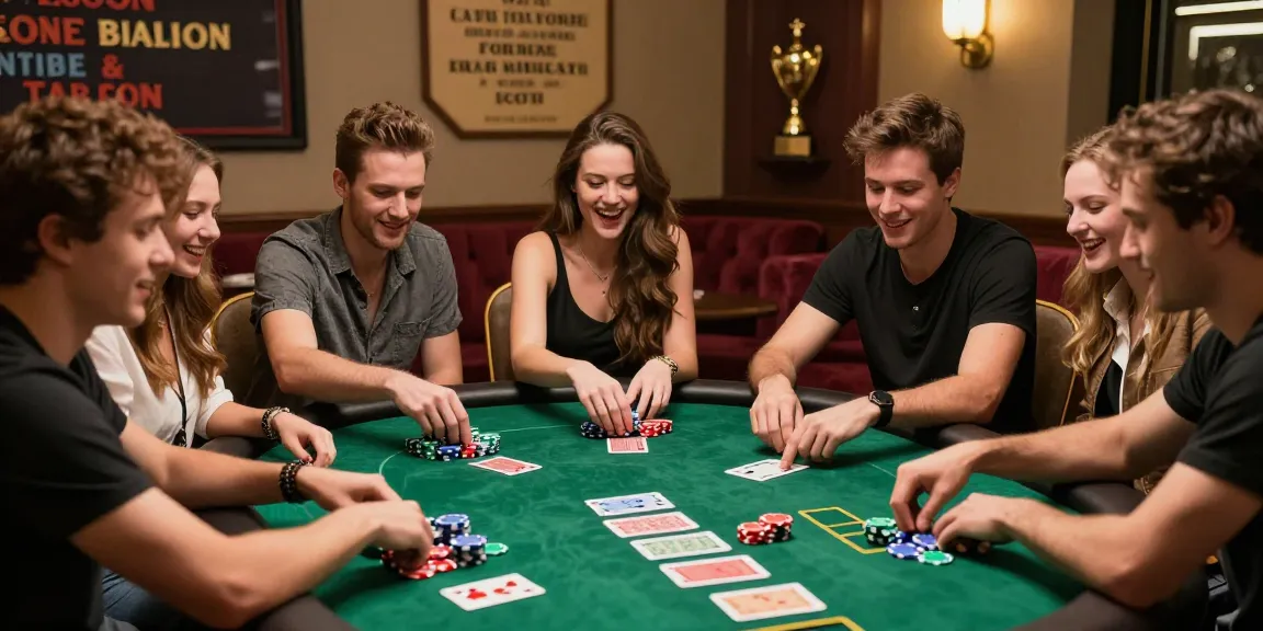 Suasana bermain rajatogel di meja poker, teman-teman sedang berdiskusi strategi dan bersenang-senang.