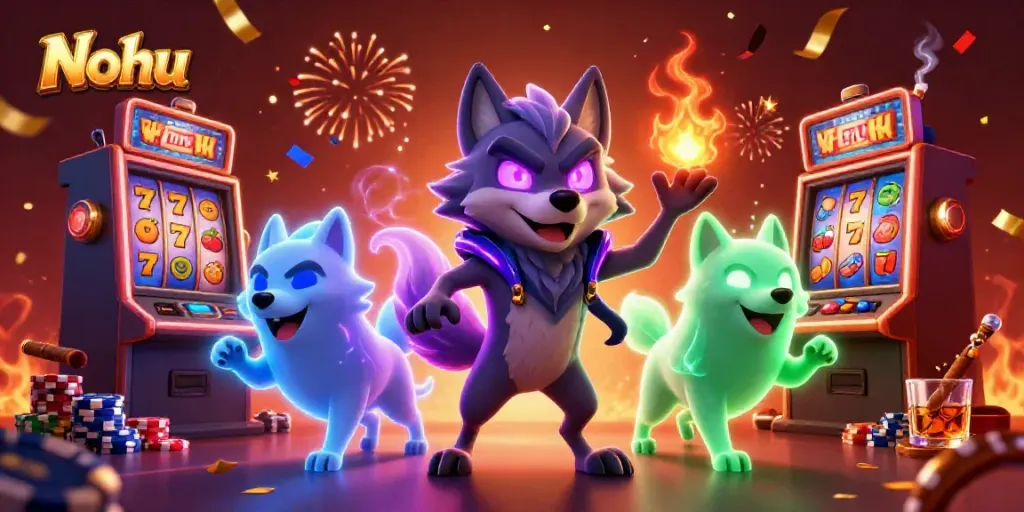 Nohu slot machine spins showcasing vibrant winning symbols with glowing wolves.
