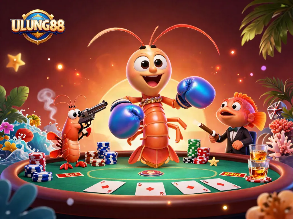 Engage with slots at ULUNG88 with vibrant 3D showcase featuring oceanic characters in a dynamic poker scene.