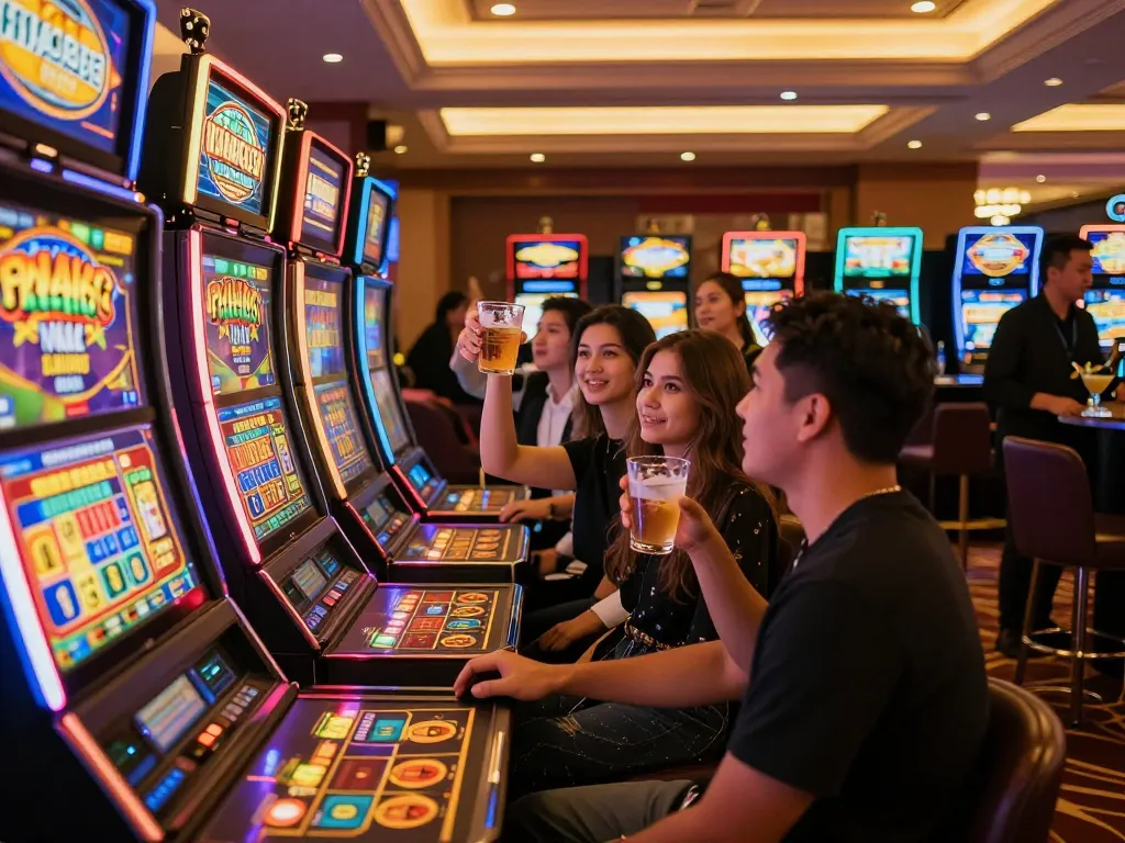 SLOT GACOR players celebrating wins at vibrant slot machines in a lively casino environment