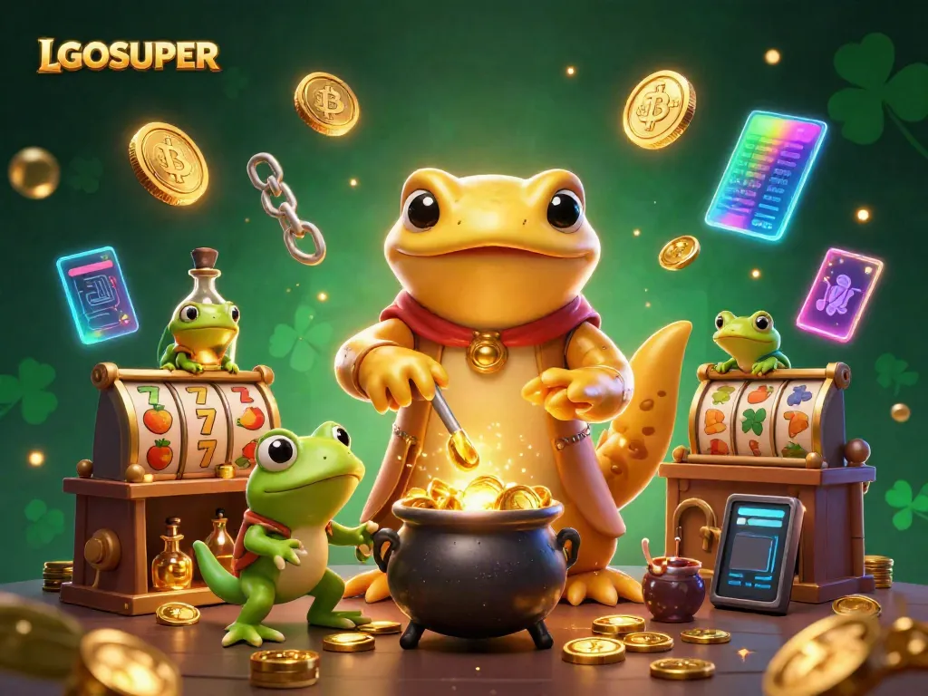 Experience LGOSUPER gameplay with an enchanting scene of arcade-style gold transmutation featuring casino symbols.