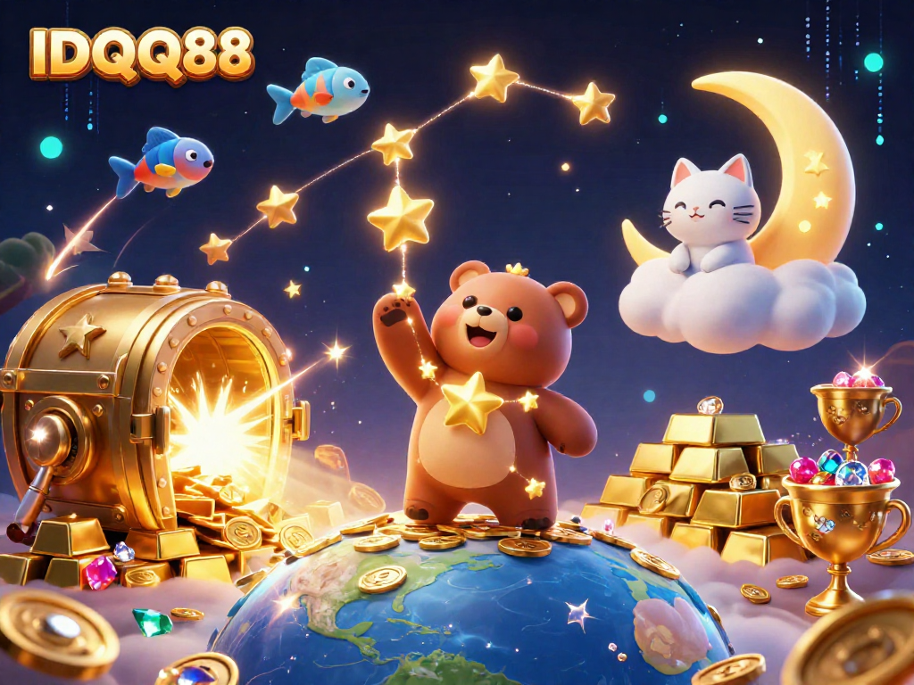 Experience winning with IDQQ88's vibrant 3D casino illustration brimming with treasures and playful characters.