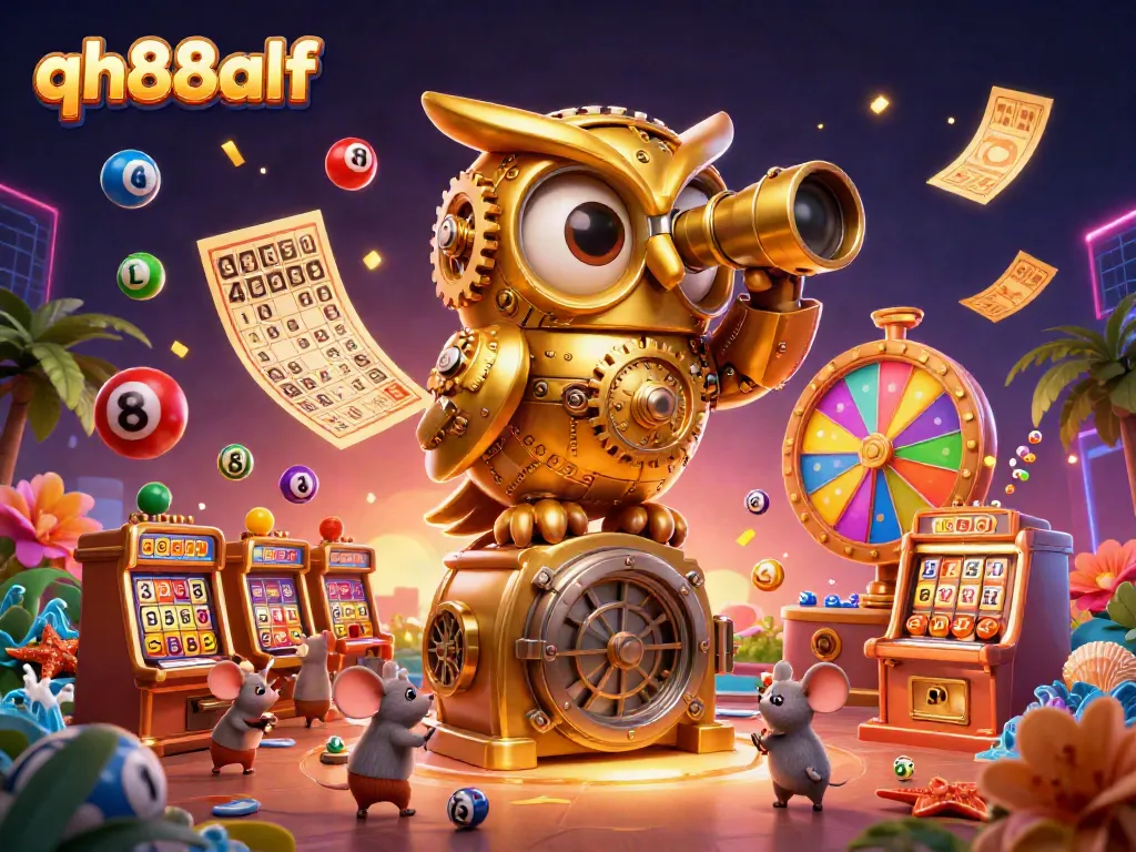Experience the excitement of QH88ALF with a vibrant casino scene featuring a golden owl overlooking slot machines and dynamic lottery elements.