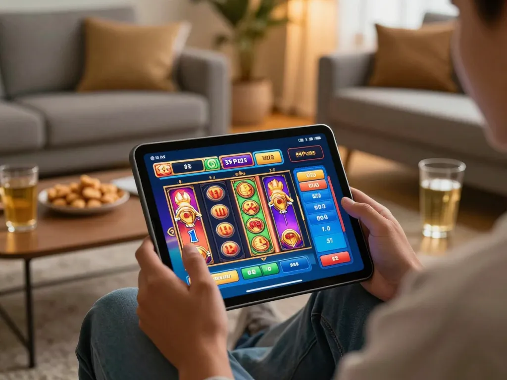 88Pulsa online slot gameplay on a tablet in a cozy living room, showcasing vibrant reels and immersive experience