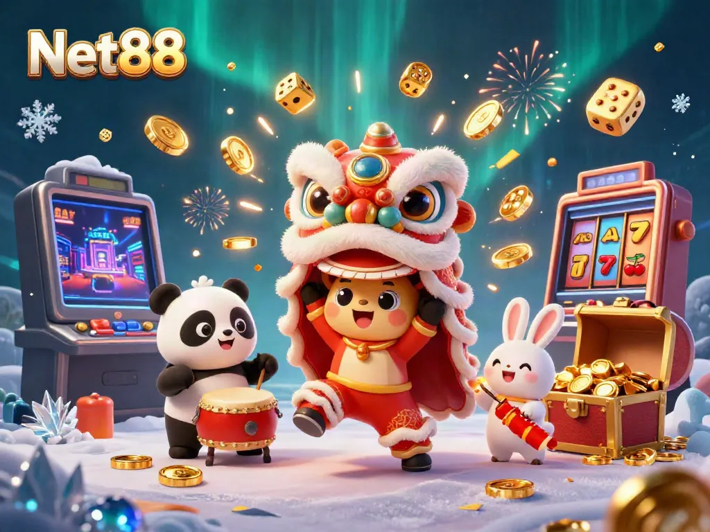 Experience the excitement of Net88 with a vivid illustration of a festive scene featuring a lion dance and casino elements.