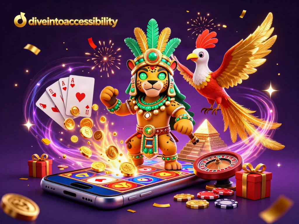 Diveintoaccessibility showcases 3D Mayan priest with slot games and vibrant casino elements.