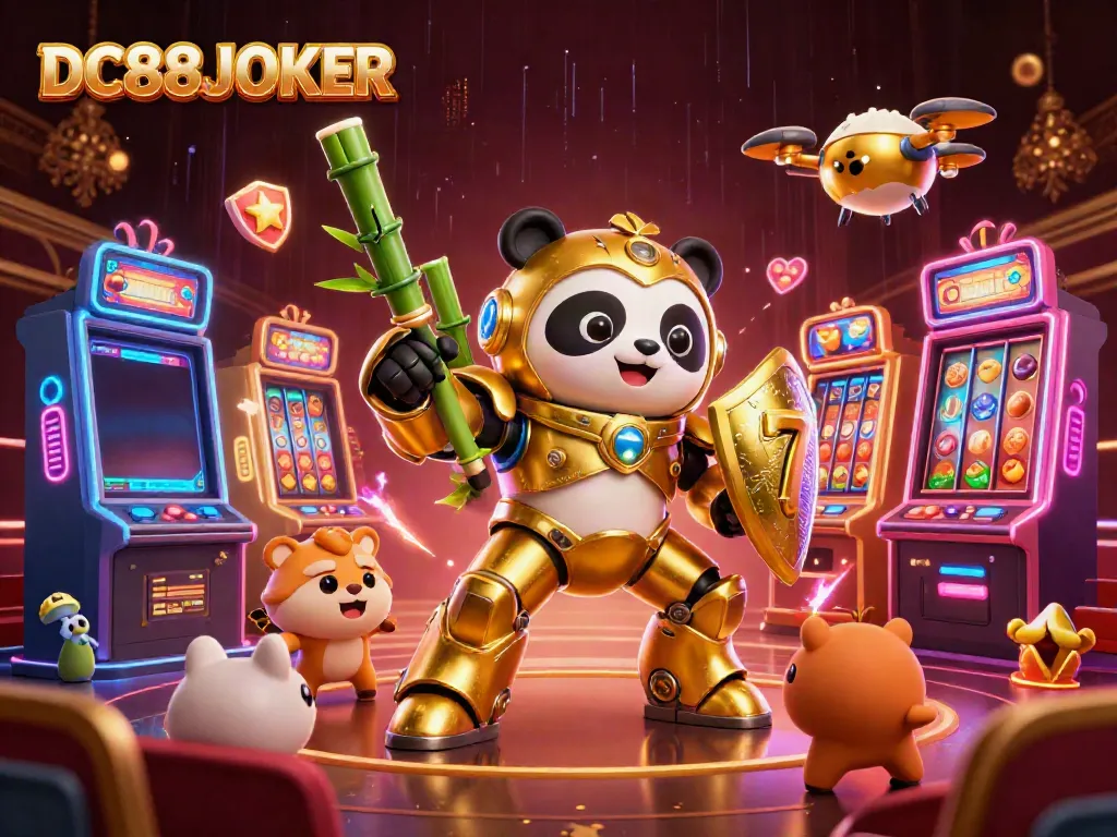 DC88JOKER showcases a golden panda in a mech-suit amidst vibrant slot machines and cheering crowds
