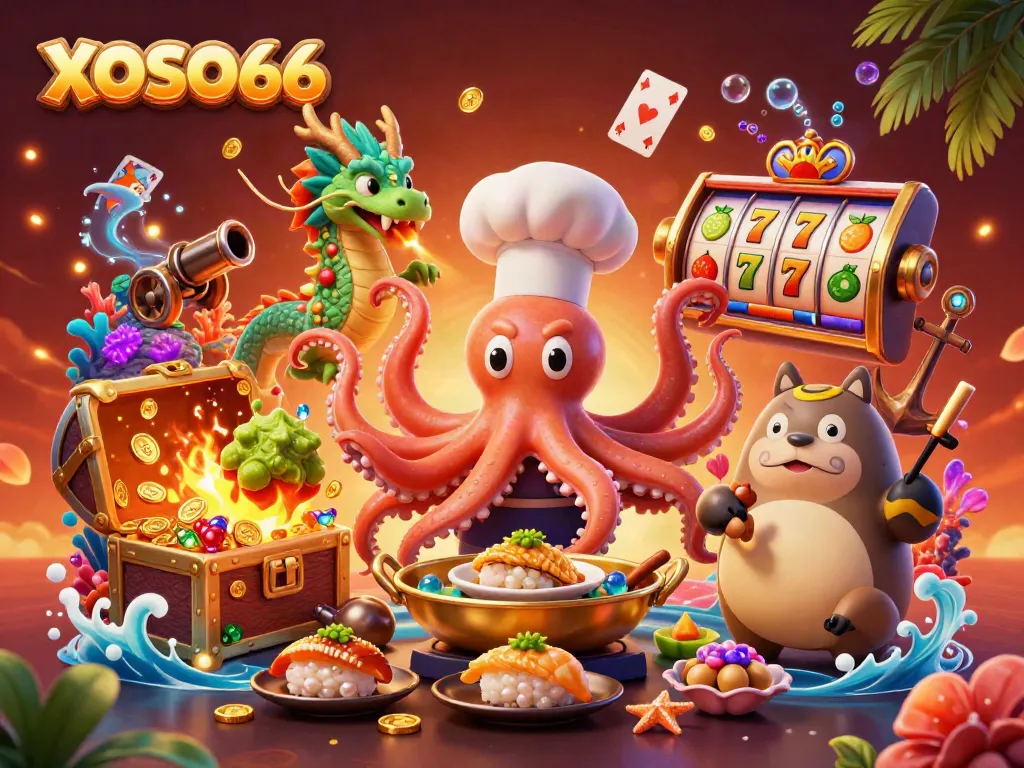 Experience high-stakes excitement with XOSO66 as the sushi chef octopus, dragon, and tanuki stir up a thrilling casino atmosphere.