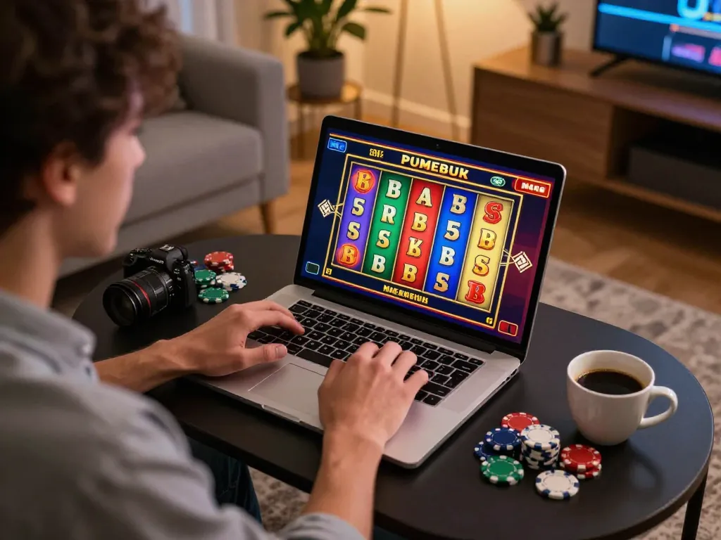 Kenzobet player enjoying an exciting online slot game session at home with vibrant visuals.