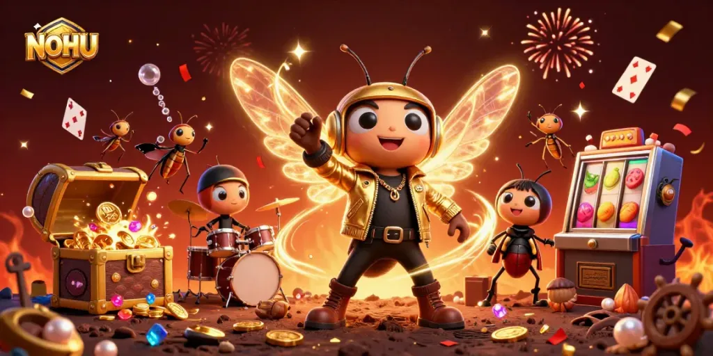 Engage in thrilling casino action with NOHU's vibrant illustration showcasing a rock star and lively gaming elements.