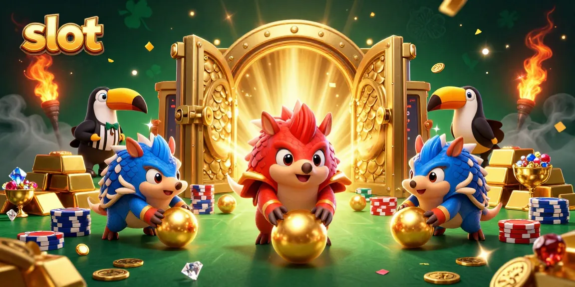 Spin slot reels in a colorful casino scene with rival pangolins and golden treasures.