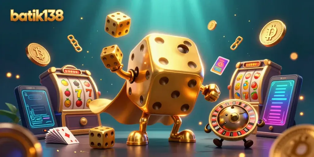 Permainan slot batik138 dengan dadu emas dan elemen kripto digital yang menarik.