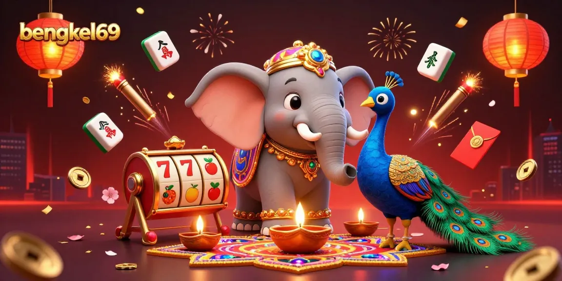 Experience excitement with bengkel69 as a dazzling 3D illustration features festive gambling elements and vibrant characters.