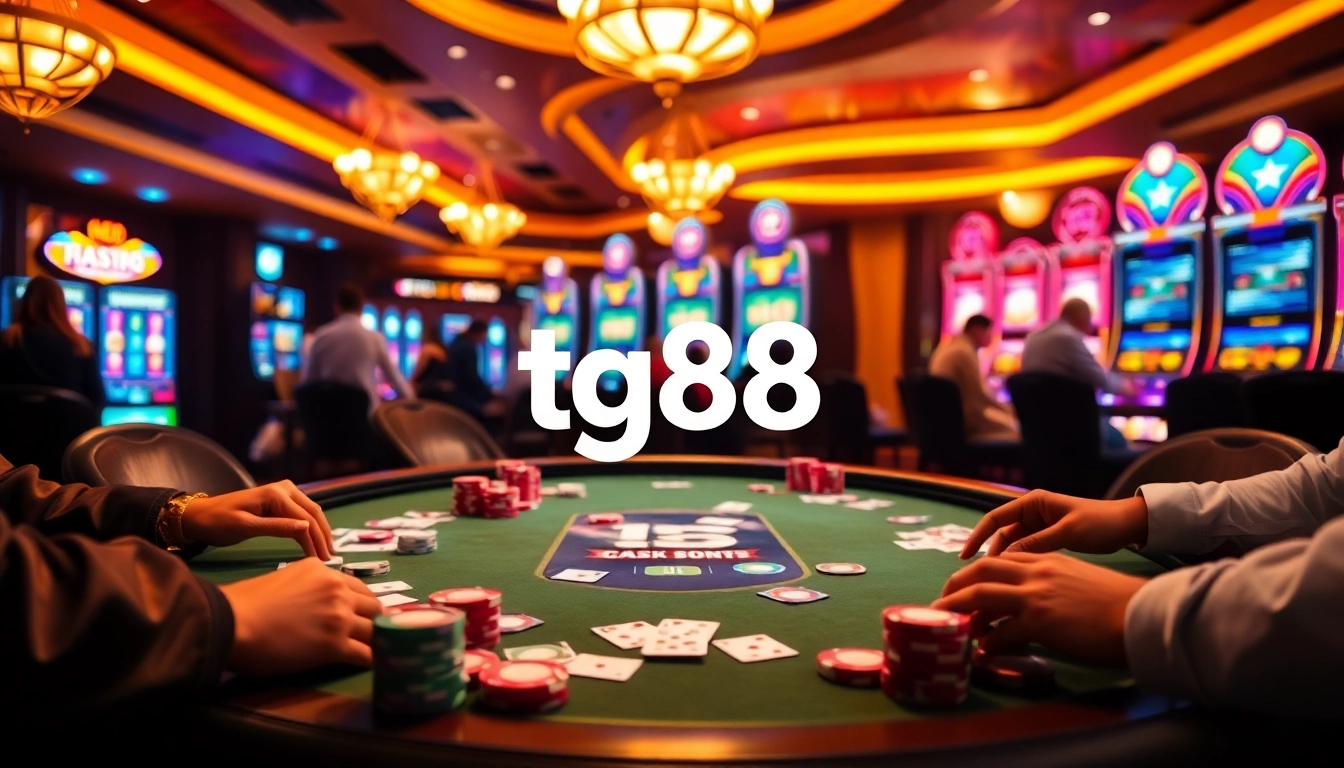 Exciting gambling scene with tg88 đăng nhập at a luxurious poker table showcasing vibrant chips and cards.