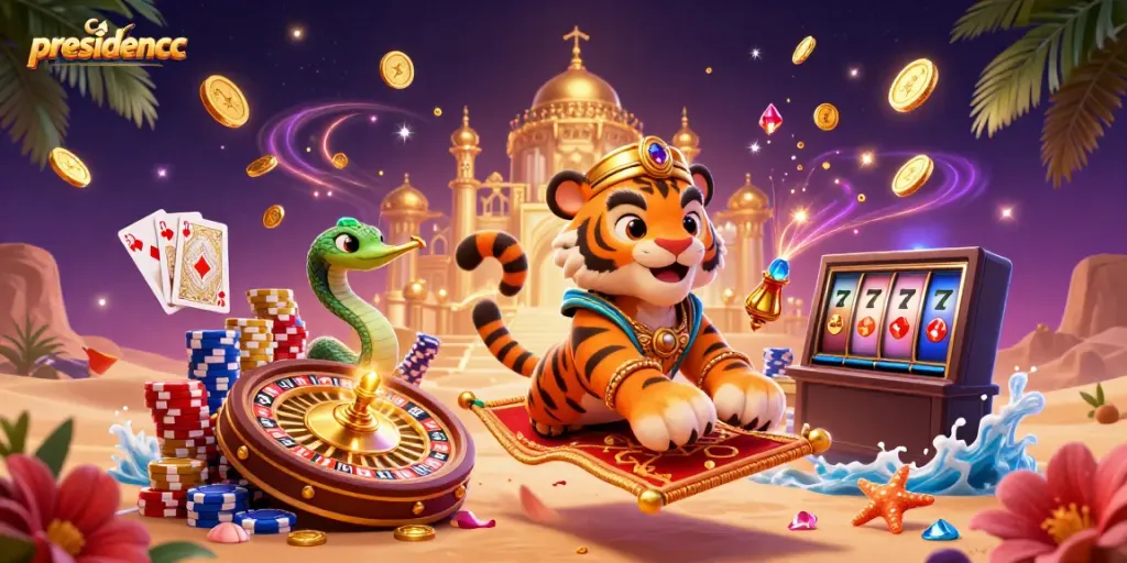 PRESIDENCC showcases an Arabian Nights-themed gambling scene, full of excitement and vibrant gaming elements.