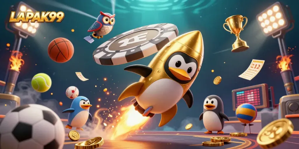 LAPAK99 enhances gaming with a vibrant golden penguin and casino elements in a dynamic cosmic scene.